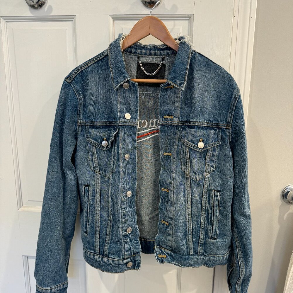 BALENCIAGA CAMPAIGN LOGO DISTRESSED DENIM JACKET 2017